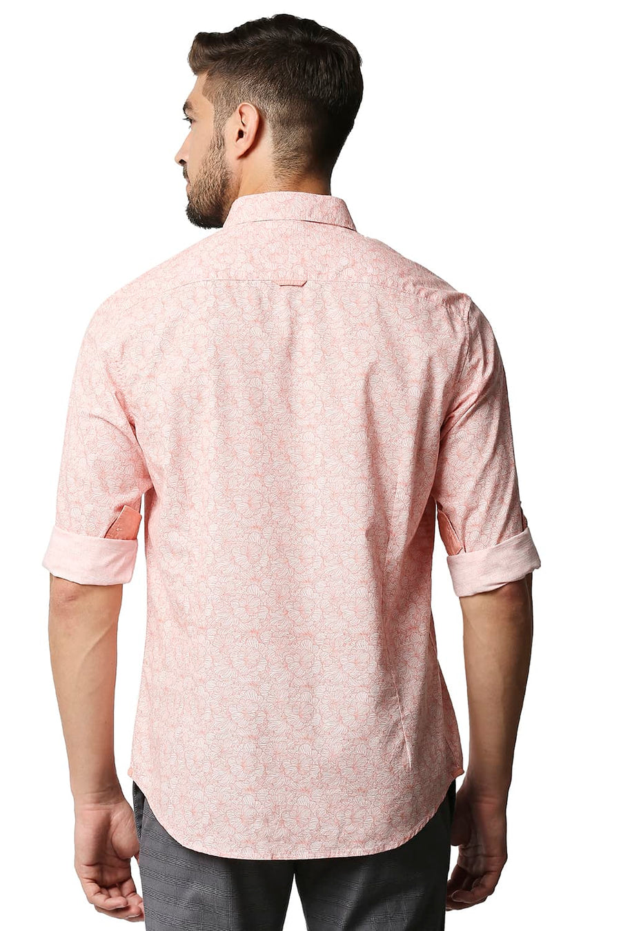 BASICS SLIM FIT CANDLE LIGHT PINK SLUB PRINTED SHIRT