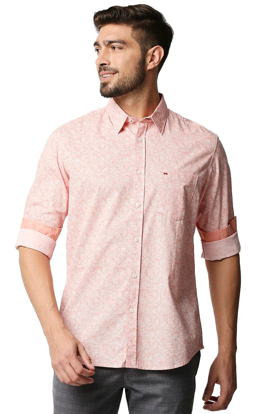 BASICS SLIM FIT CANDLE LIGHT PINK SLUB PRINTED SHIRT