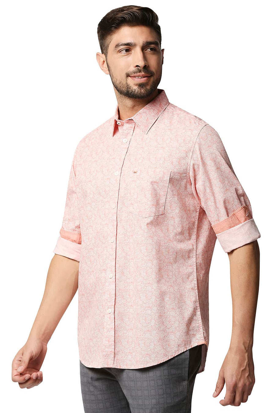 BASICS SLIM FIT CANDLE LIGHT PINK SLUB PRINTED SHIRT