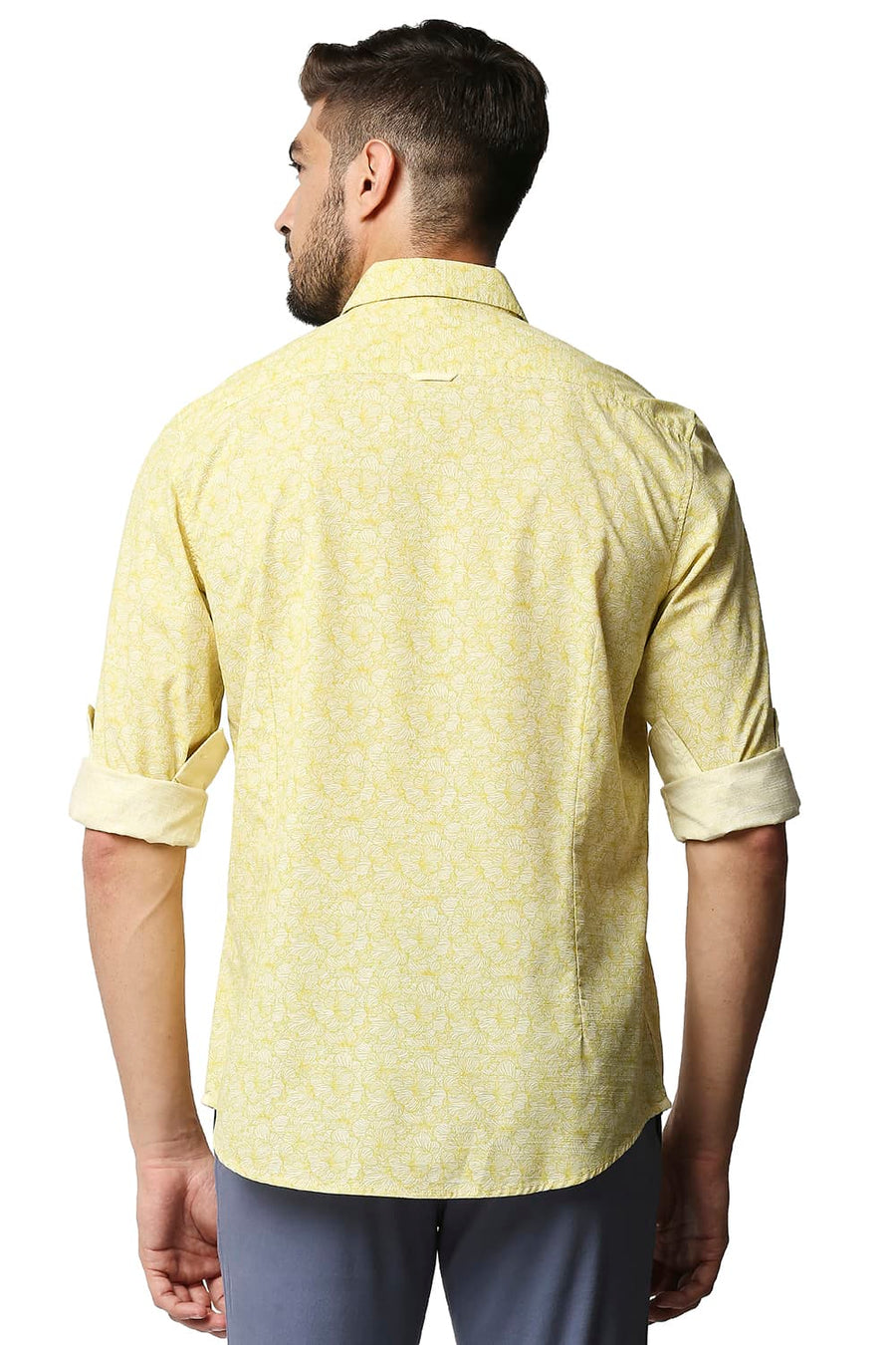 BASICS SLIM FIT BAMBOO YELLOW SLUB PRINTED SHIRT