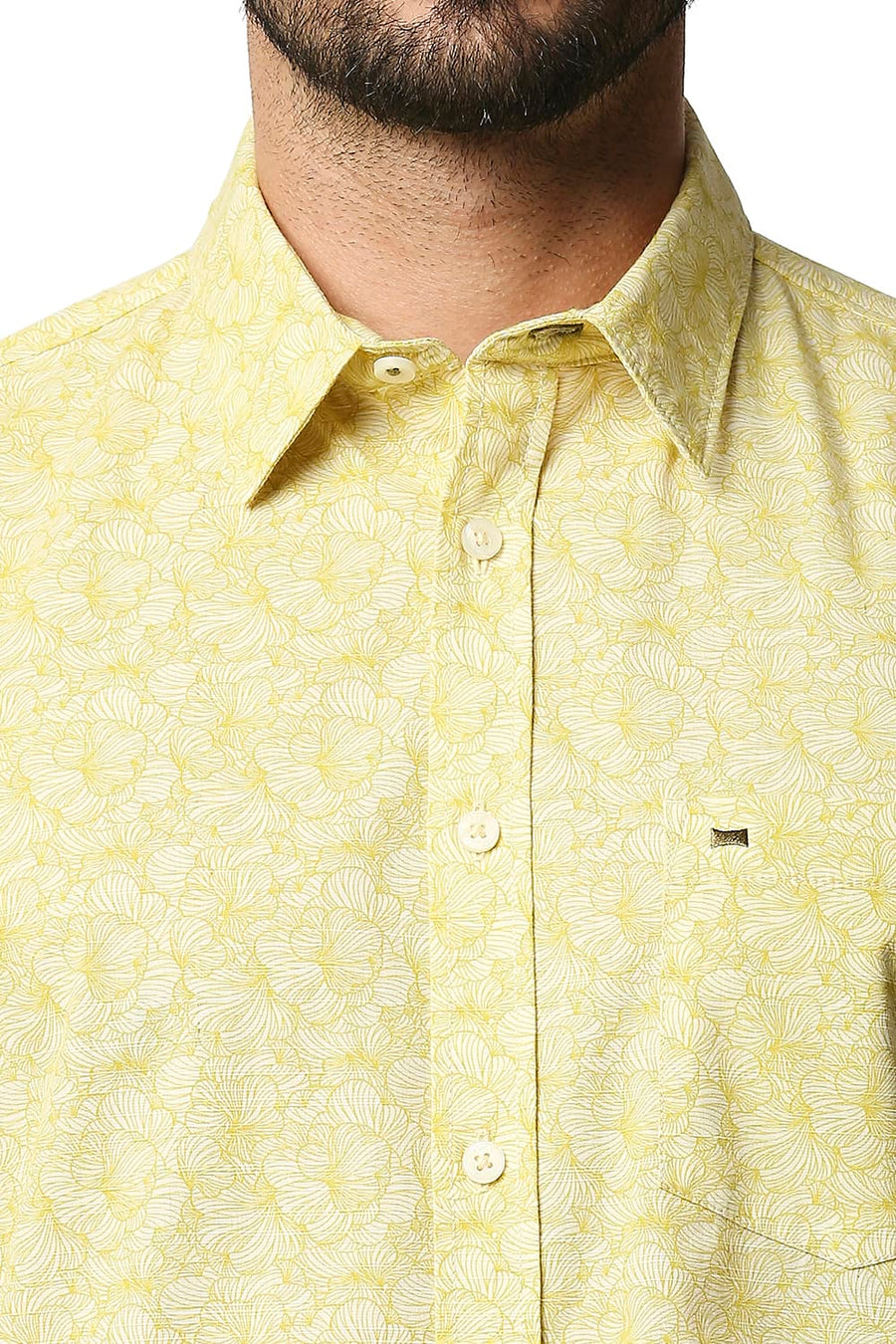 BASICS SLIM FIT BAMBOO YELLOW SLUB PRINTED SHIRT