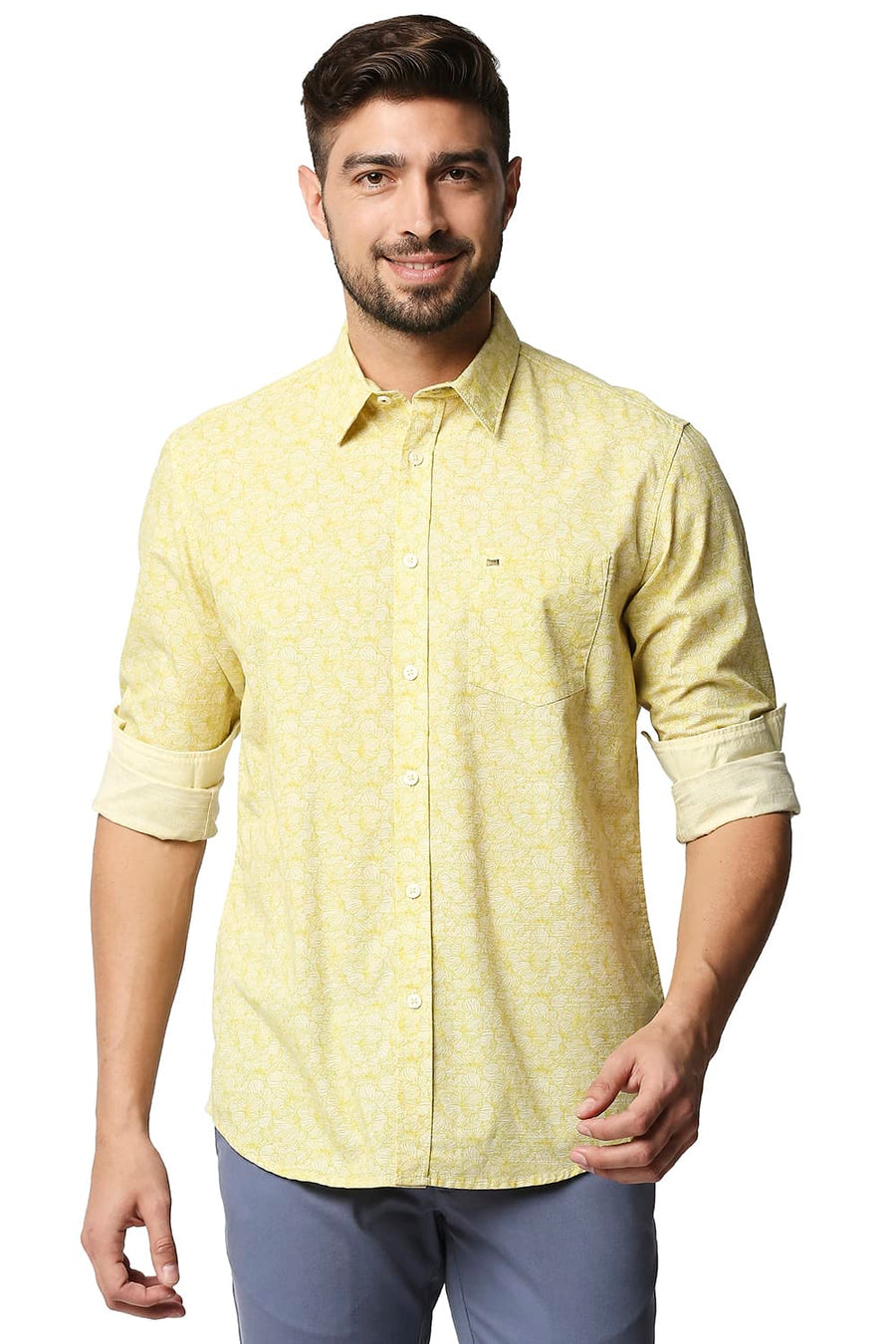 BASICS SLIM FIT BAMBOO YELLOW SLUB PRINTED SHIRT