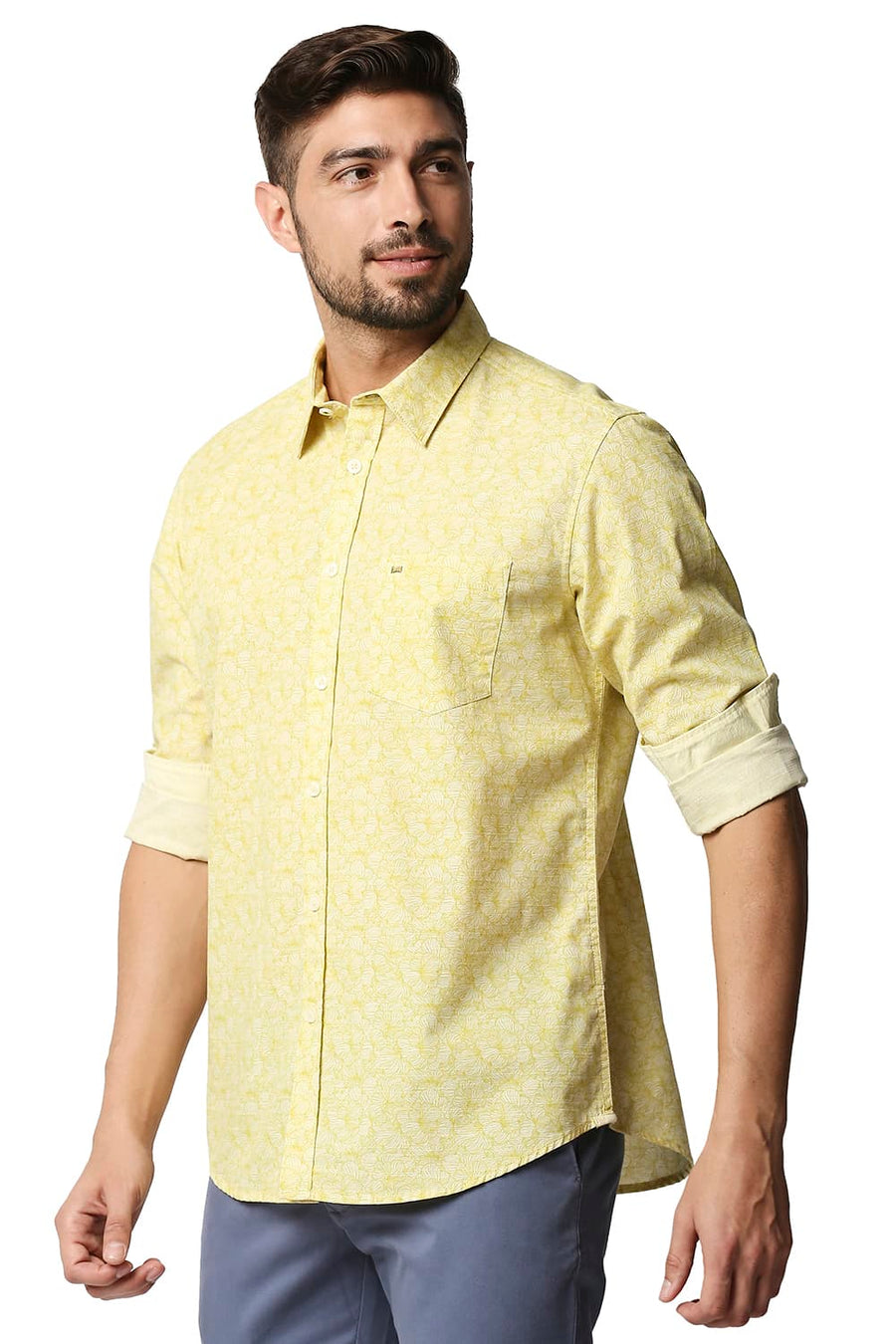BASICS SLIM FIT BAMBOO YELLOW SLUB PRINTED SHIRT