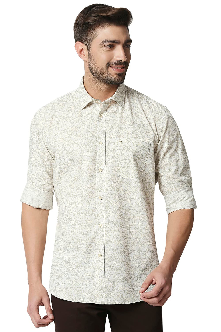 BASICS SLIM FIT ANTIQUE BEIGE SLUB PRINTED SHIRT