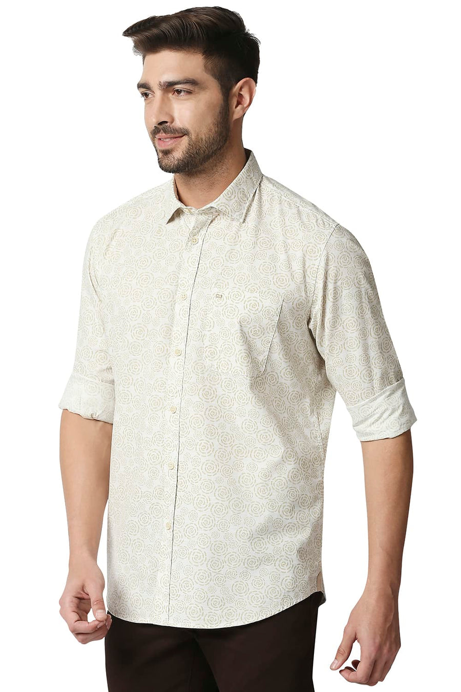 BASICS SLIM FIT ANTIQUE BEIGE SLUB PRINTED SHIRT