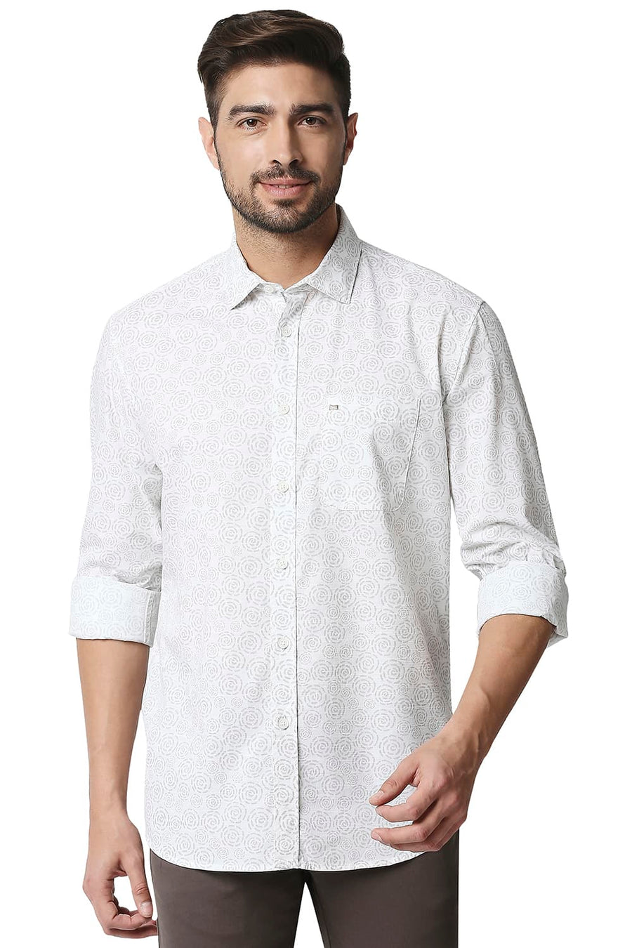 BASICS SLIM FIT PRISTINE WHITE SLUB PRINTED SHIRT