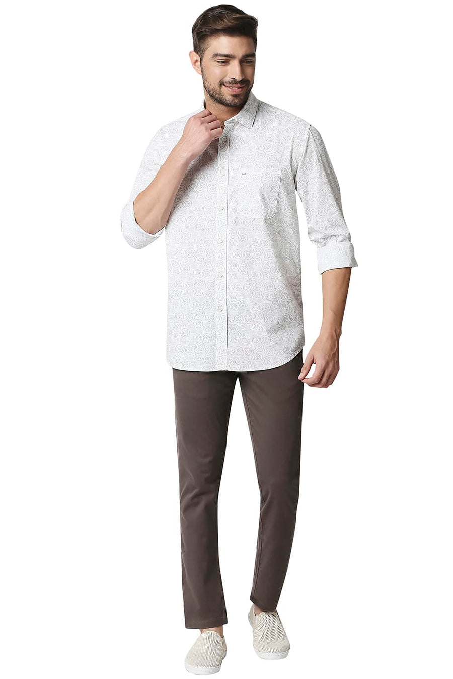 BASICS SLIM FIT PRISTINE WHITE SLUB PRINTED SHIRT