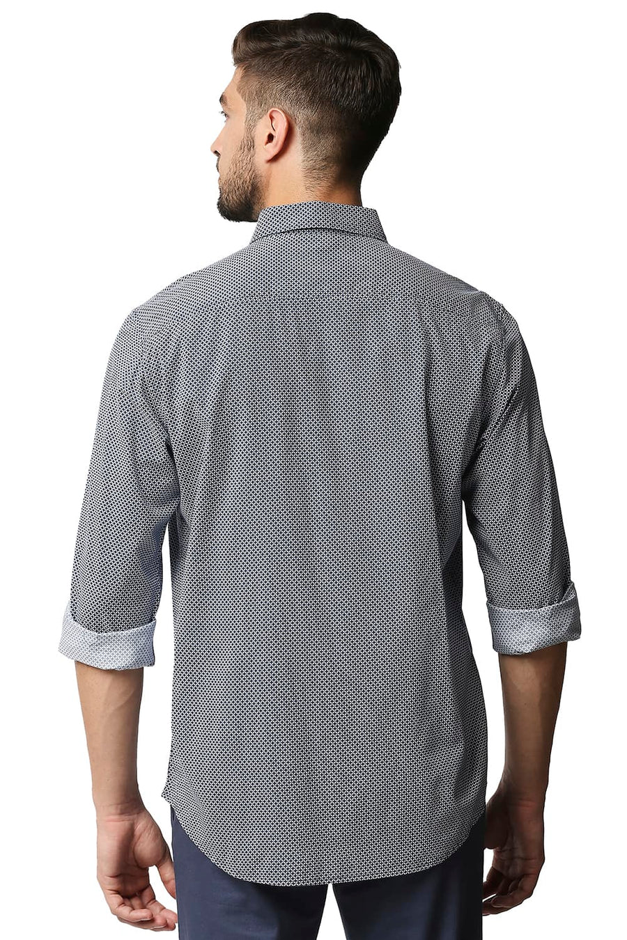 BASICS SLIM FIT ENSIGN BLUE COTTON VISCOSE PRINTED SHIRT
