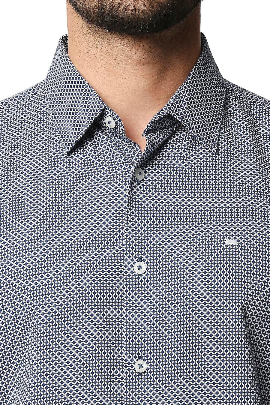 BASICS SLIM FIT ENSIGN BLUE COTTON VISCOSE PRINTED SHIRT
