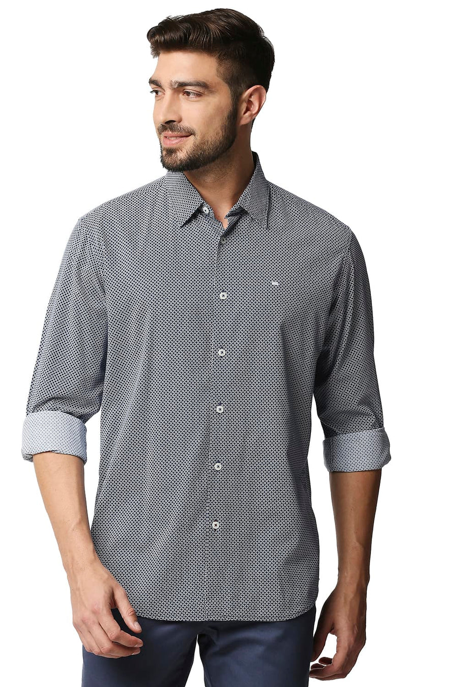 BASICS SLIM FIT ENSIGN BLUE COTTON VISCOSE PRINTED SHIRT