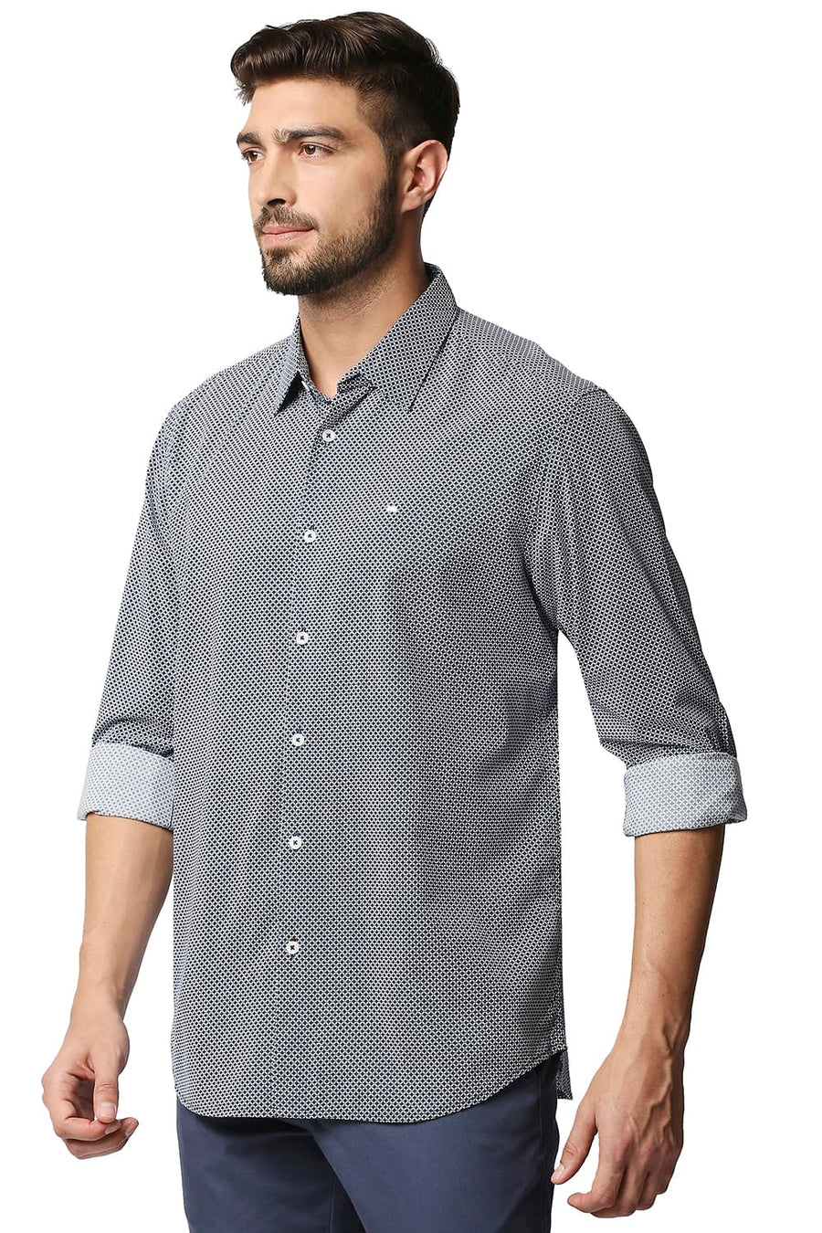 BASICS SLIM FIT ENSIGN BLUE COTTON VISCOSE PRINTED SHIRT