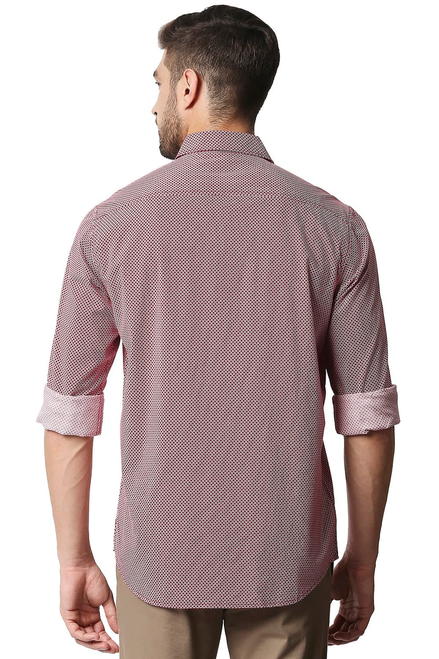 BASICS SLIM FIT GARNET RED COTTON VISCOSE PRINTED SHIRT
