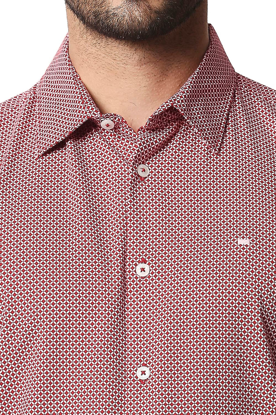 BASICS SLIM FIT GARNET RED COTTON VISCOSE PRINTED SHIRT