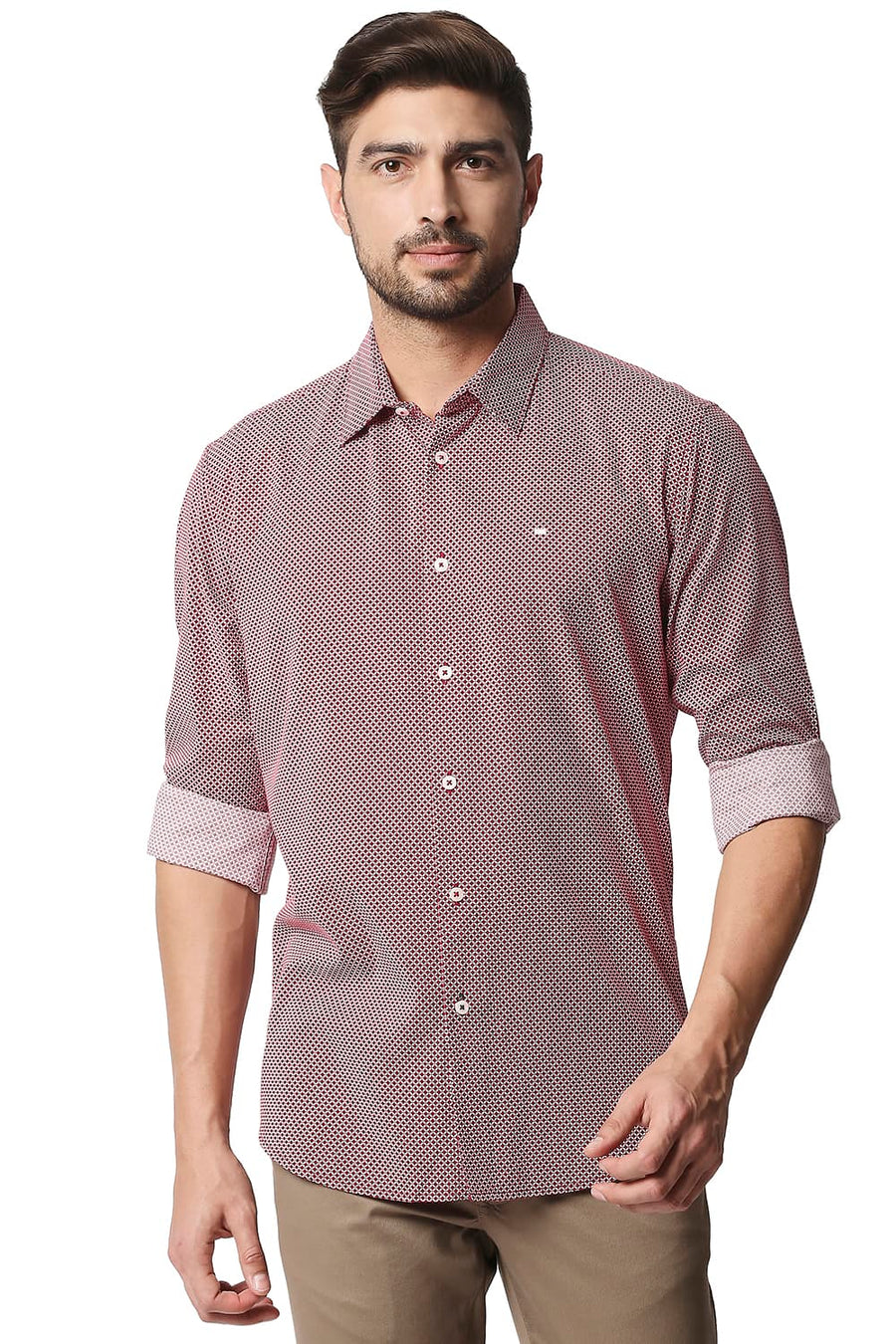 BASICS SLIM FIT GARNET RED COTTON VISCOSE PRINTED SHIRT