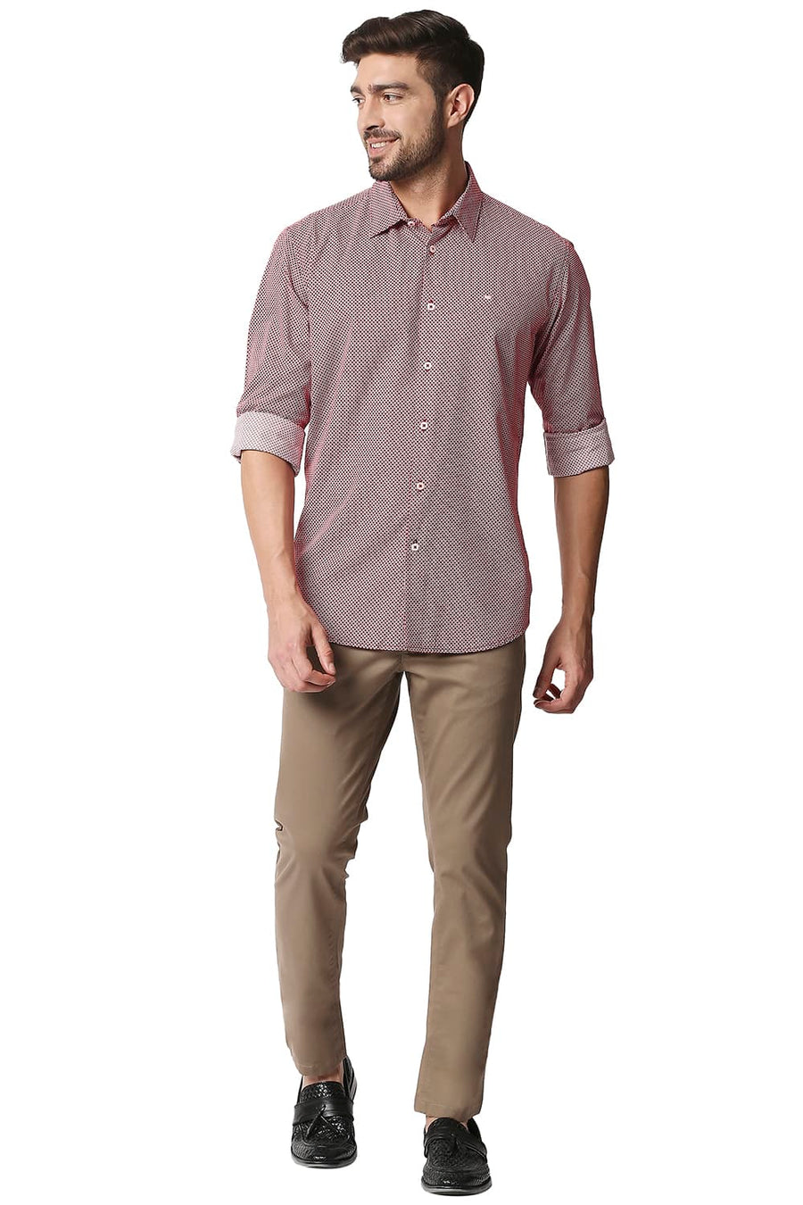 BASICS SLIM FIT GARNET RED COTTON VISCOSE PRINTED SHIRT
