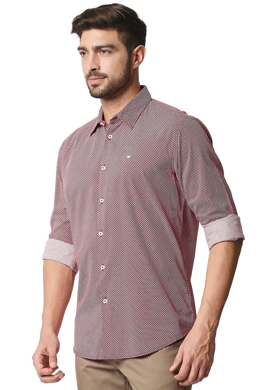 BASICS SLIM FIT GARNET RED COTTON VISCOSE PRINTED SHIRT