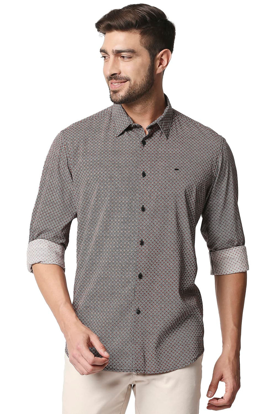 BASICS SLIM FIT FORMULA RED COTTON VISCOSE PRINTED SHIRT
