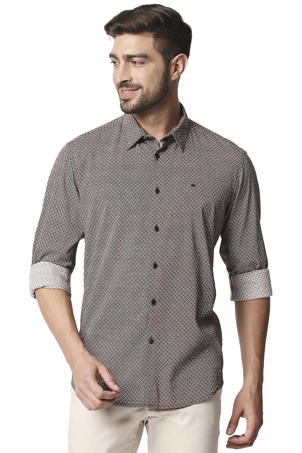 BASICS SLIM FIT COTTON VISCOSE PRINTED SHIRT