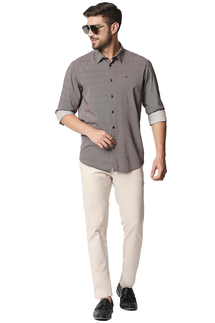 BASICS SLIM FIT FORMULA RED COTTON VISCOSE PRINTED SHIRT
