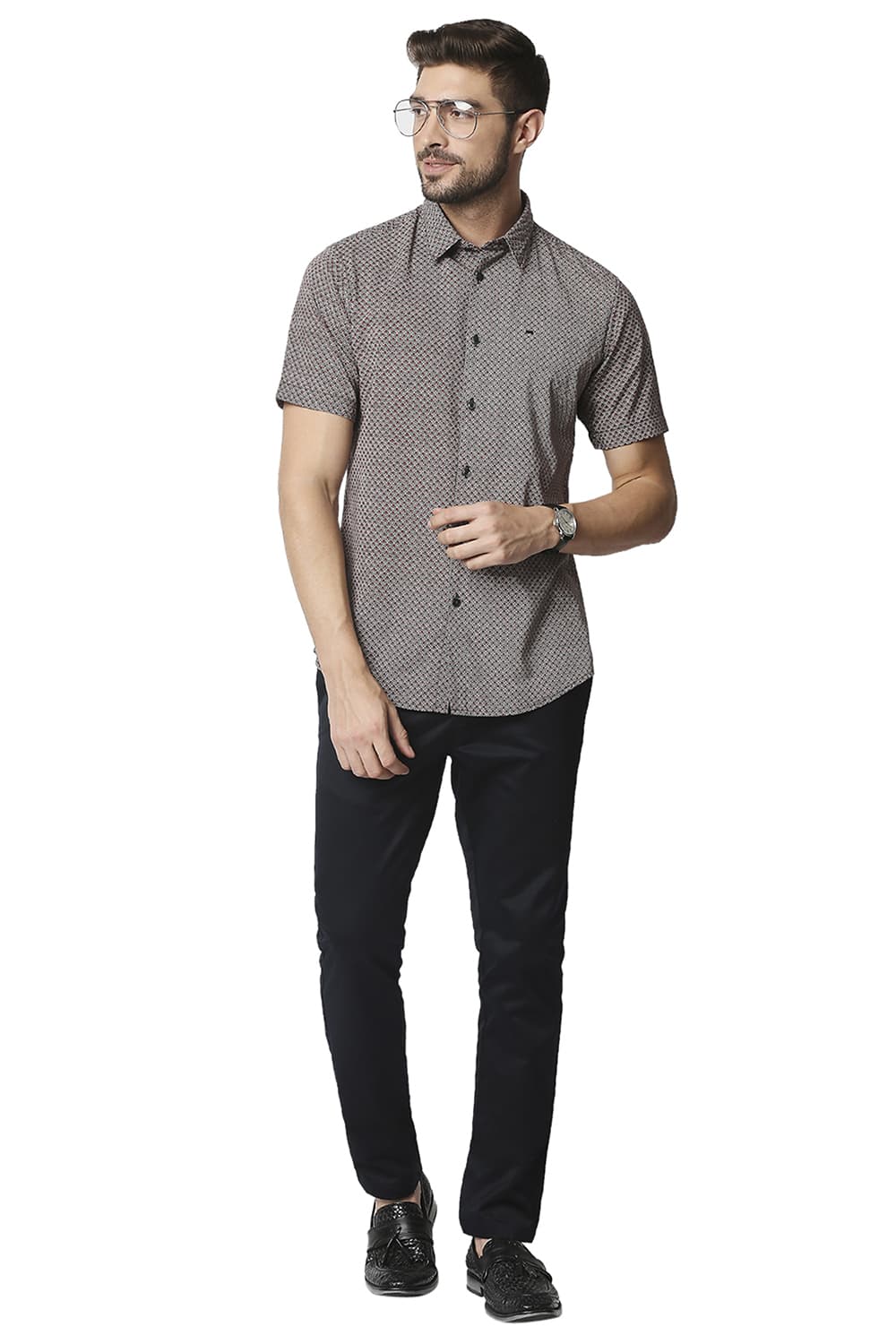 BASICS SLIM FIT COTTON VISCOSE PRINTED HALFSLEEVES SHIRT