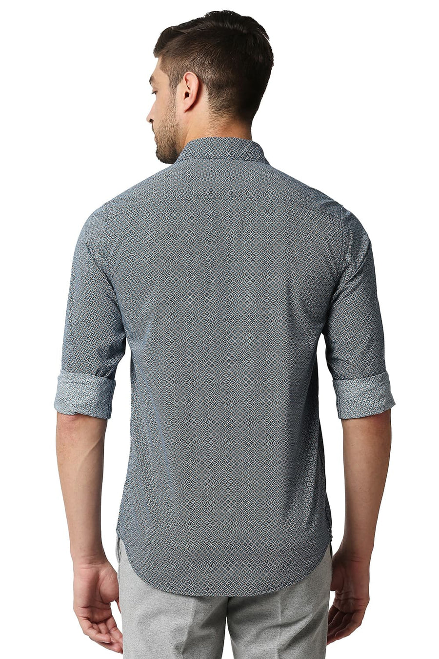 BASICS SLIM FIT STORM BLUE COTTON VISCOSE PRINTED SHIRT