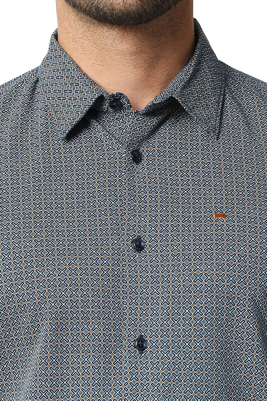 BASICS SLIM FIT STORM BLUE COTTON VISCOSE PRINTED SHIRT