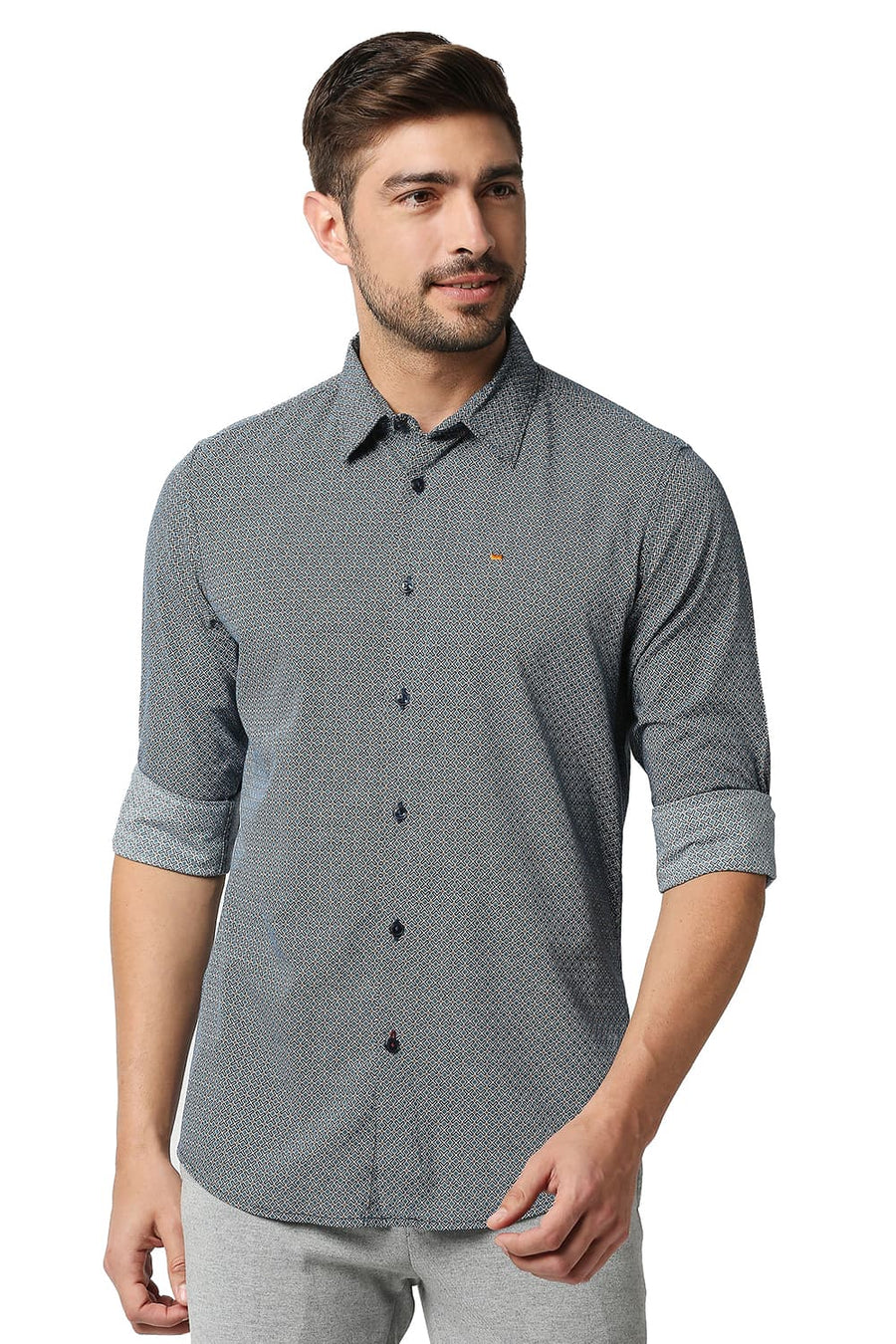 BASICS SLIM FIT STORM BLUE COTTON VISCOSE PRINTED SHIRT