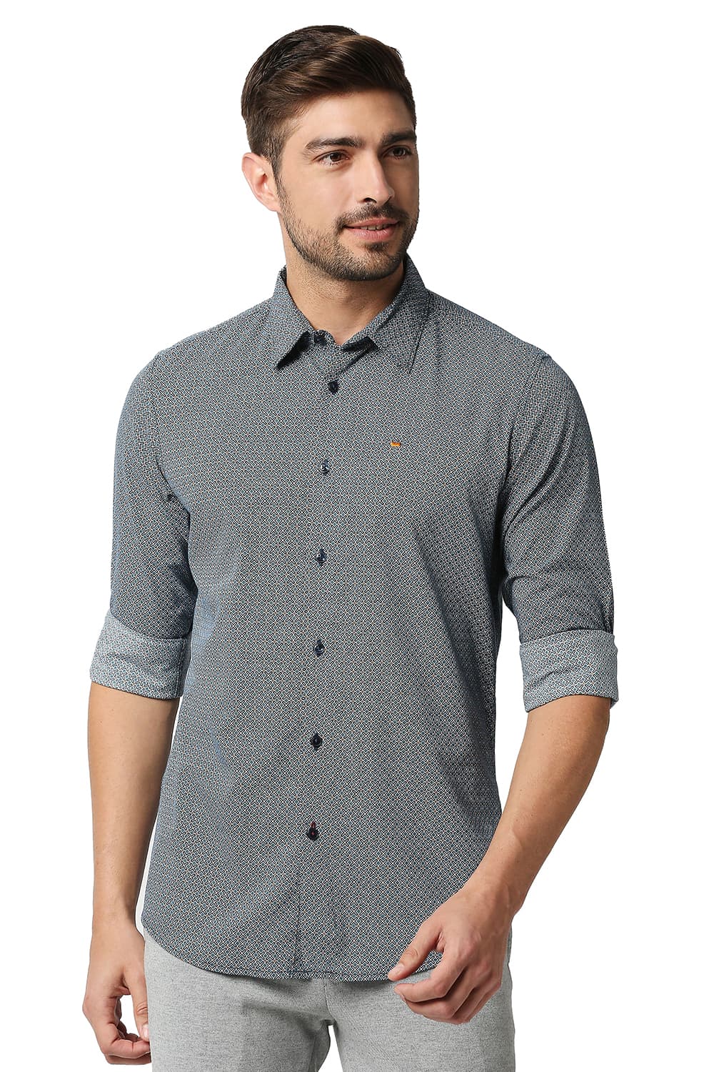 BASICS SLIM FIT COTTON VISCOSE PRINTED SHIRT