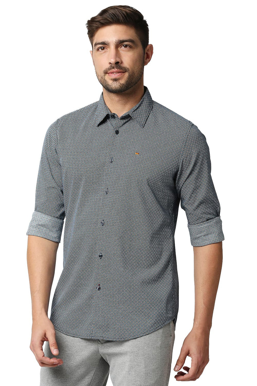BASICS SLIM FIT STORM BLUE COTTON VISCOSE PRINTED SHIRT