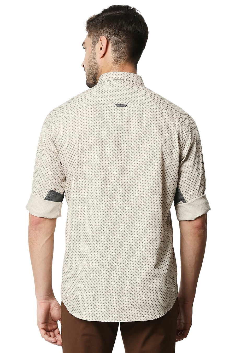 BASICS SLIM FIT OXFORD TAN BROWN OXFORD PRINTED SHIRT