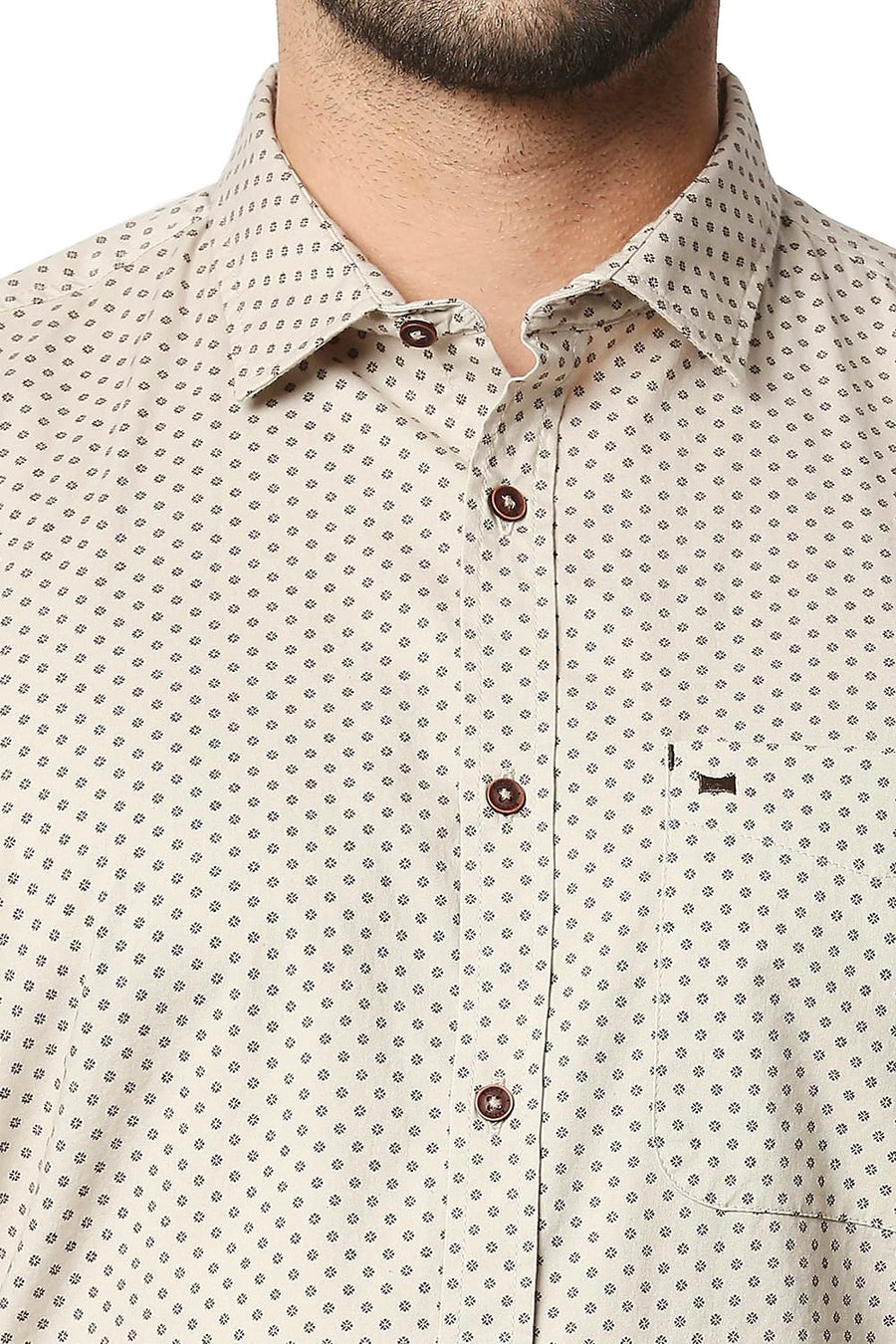 BASICS SLIM FIT OXFORD TAN BROWN OXFORD PRINTED SHIRT