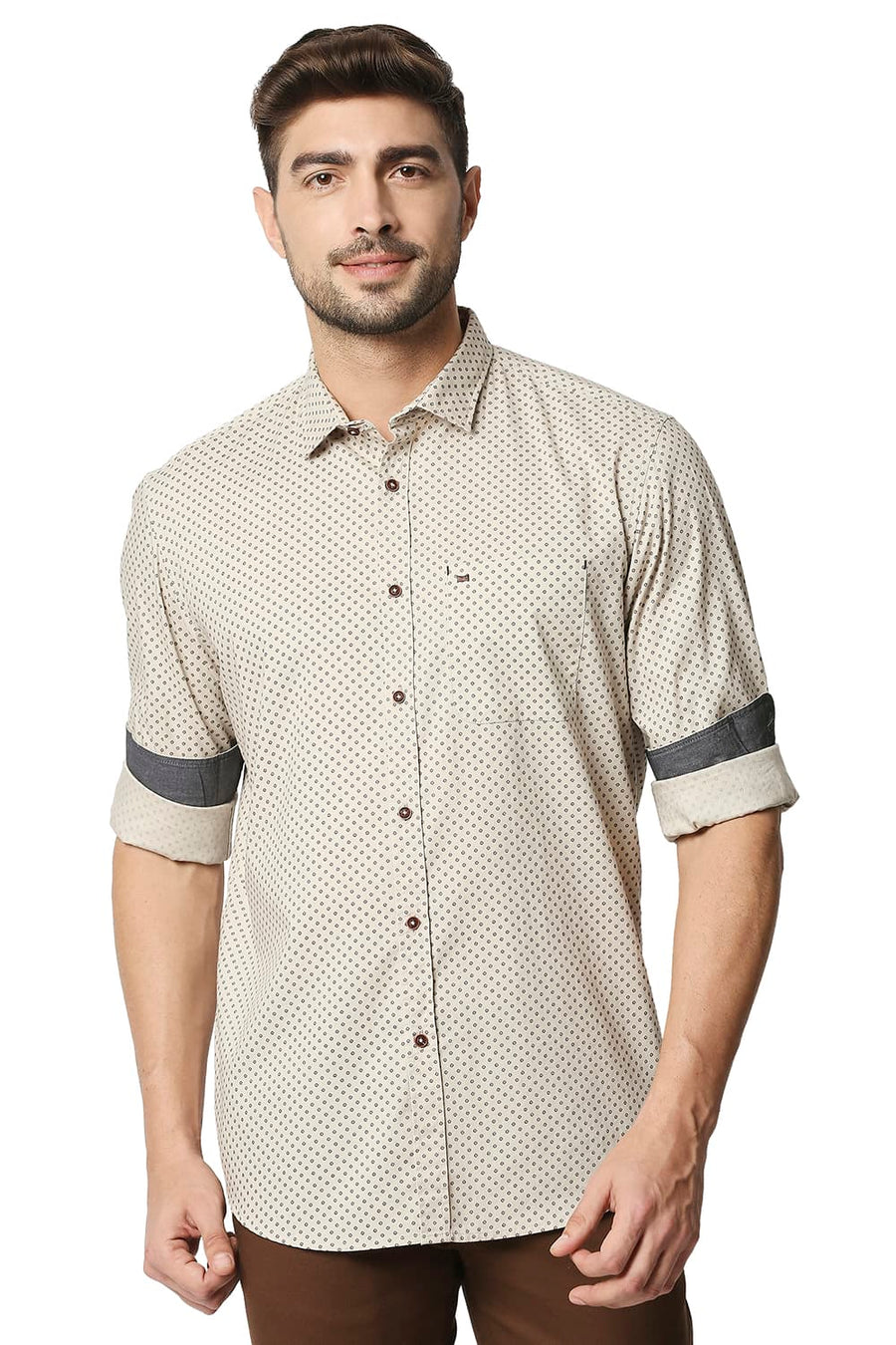 BASICS SLIM FIT OXFORD TAN BROWN OXFORD PRINTED SHIRT