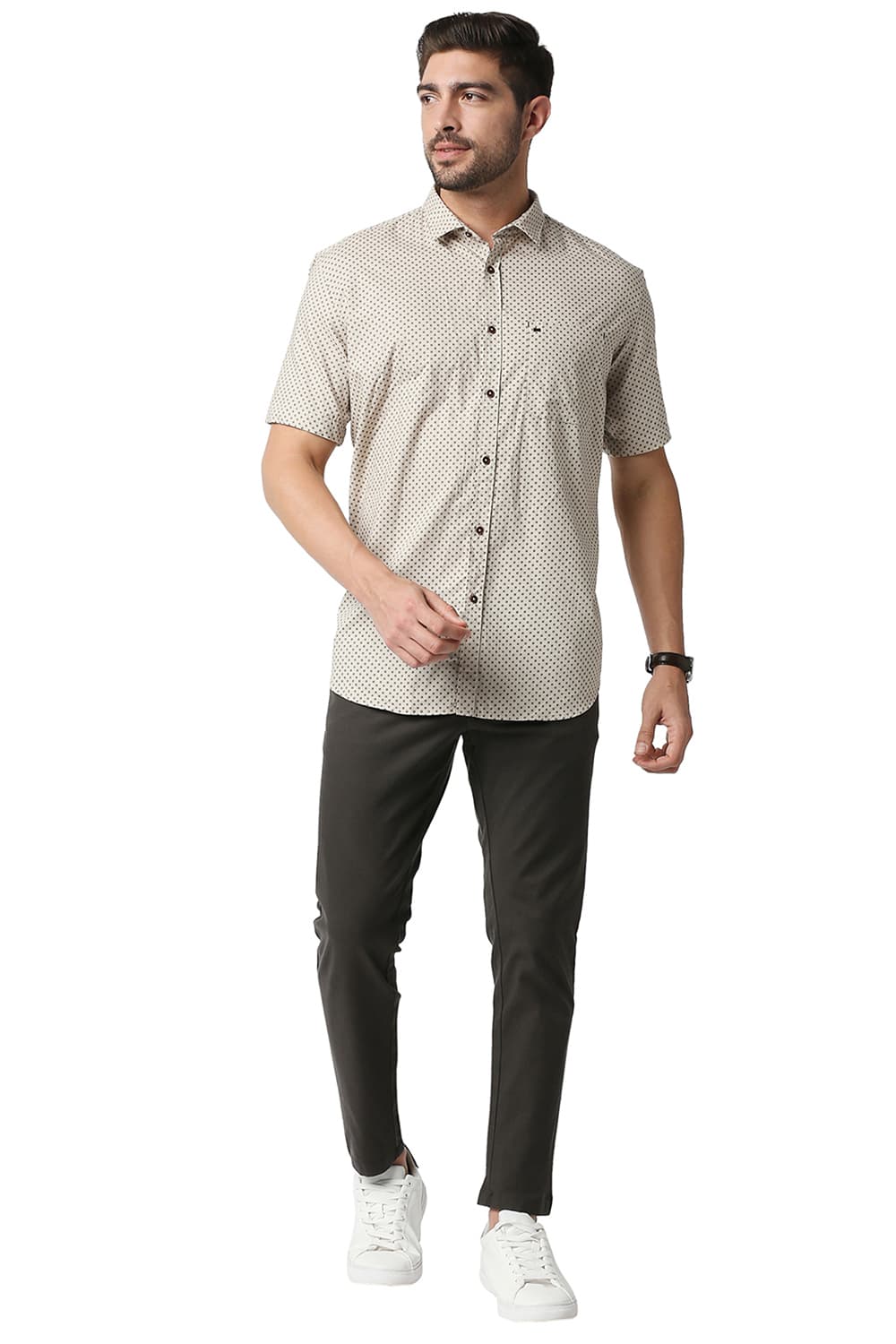 BASICS SLIM FIT OXFORD PRINTED HALFSLEEVES SHIRT