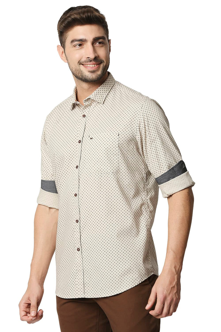 BASICS SLIM FIT OXFORD TAN BROWN OXFORD PRINTED SHIRT