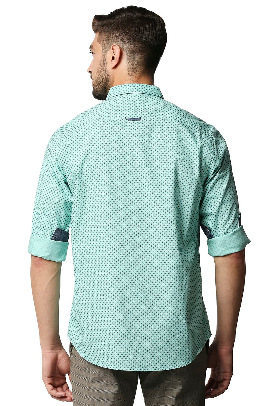 BASICS SLIM FIT CASCADE GREEN OXFORD PRINTED SHIRT