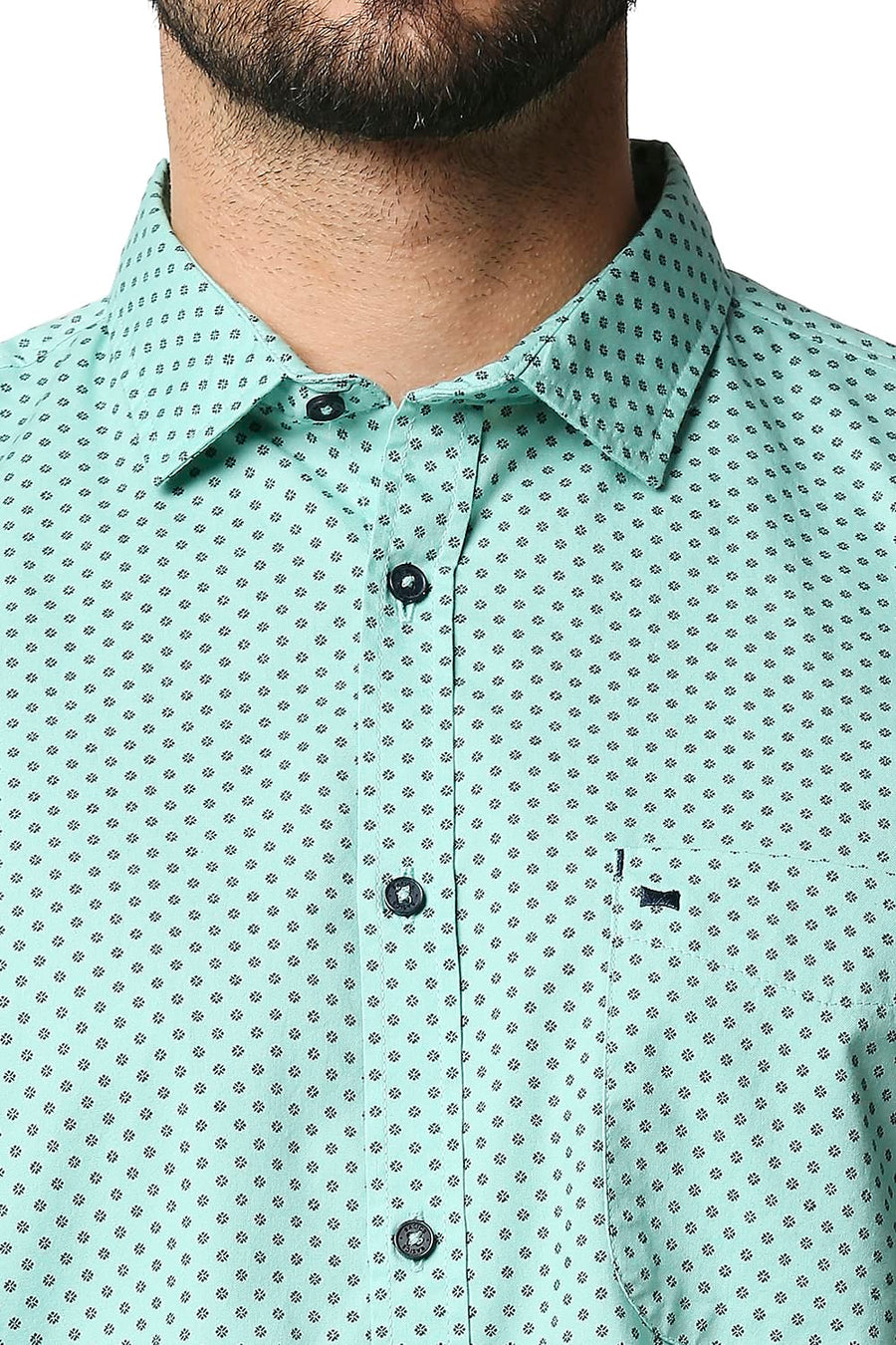 BASICS SLIM FIT CASCADE GREEN OXFORD PRINTED SHIRT