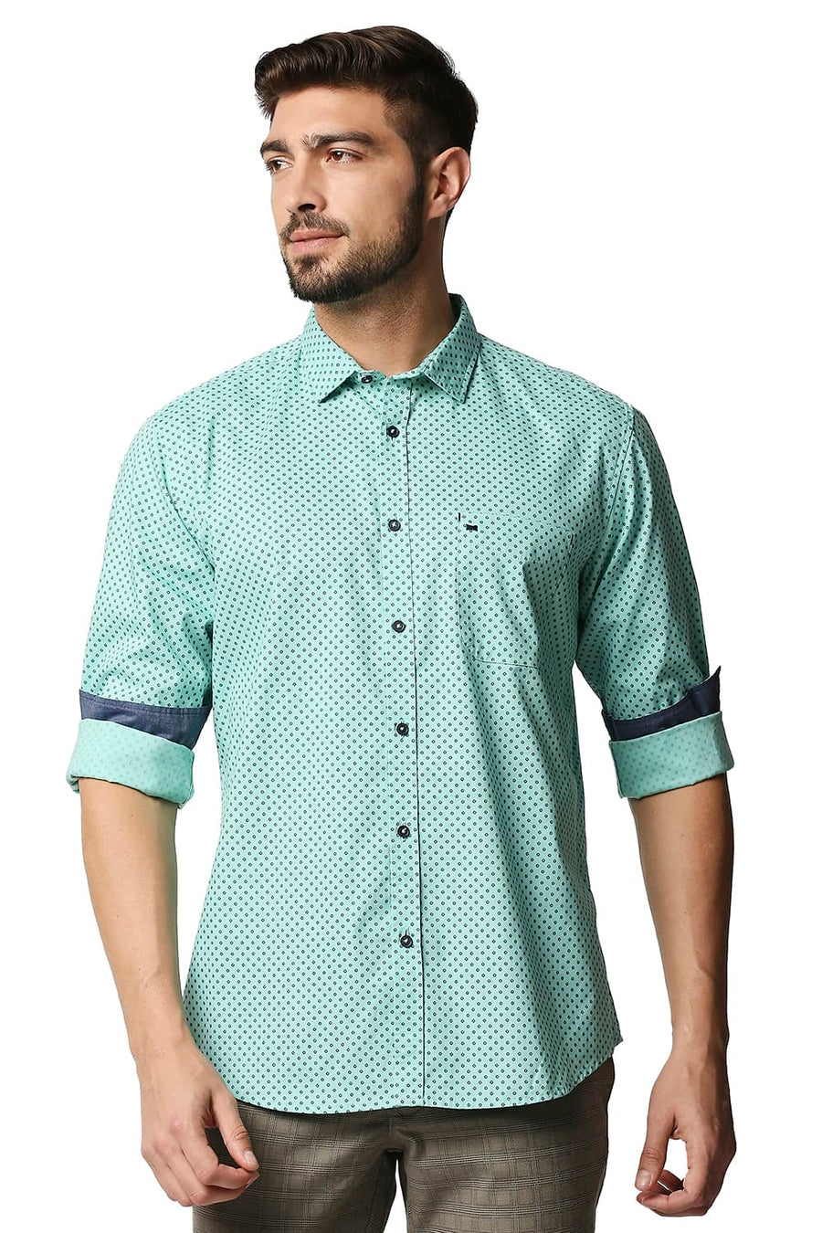 BASICS SLIM FIT CASCADE GREEN OXFORD PRINTED SHIRT