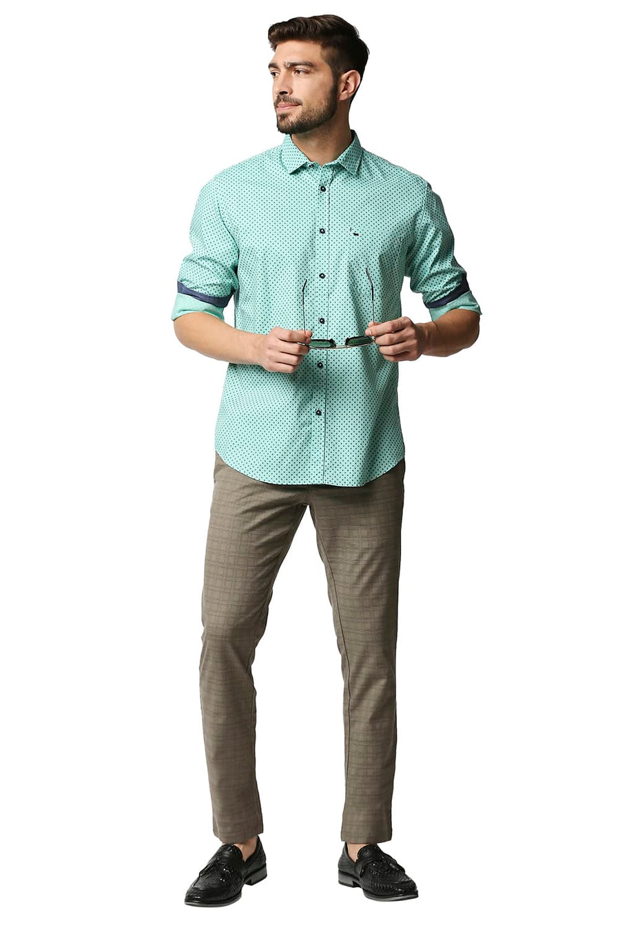 BASICS SLIM FIT CASCADE GREEN OXFORD PRINTED SHIRT