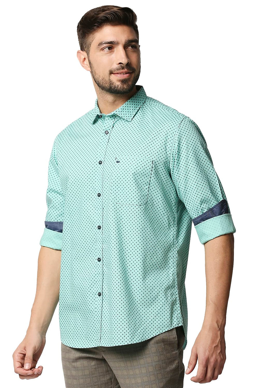 BASICS SLIM FIT CASCADE GREEN OXFORD PRINTED SHIRT