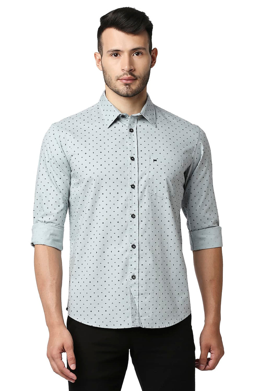 BASICS SLIM FIT LIMESTONE GREY OXFORD PRINTED SHIRT