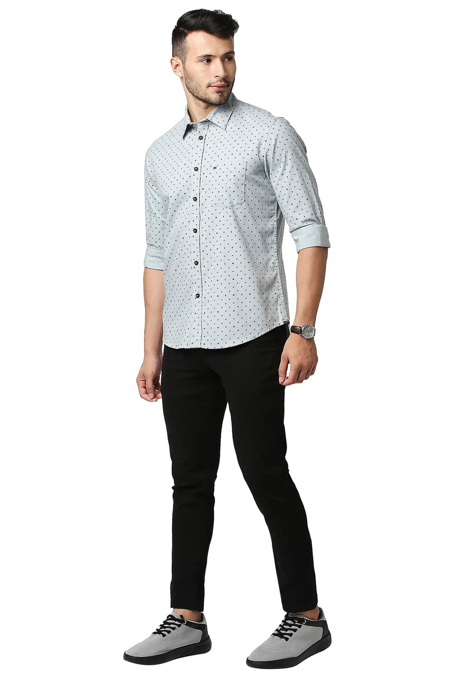 BASICS SLIM FIT LIMESTONE GREY OXFORD PRINTED SHIRT