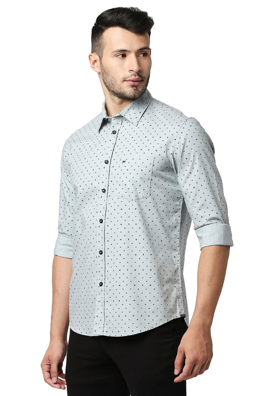 BASICS SLIM FIT LIMESTONE GREY OXFORD PRINTED SHIRT