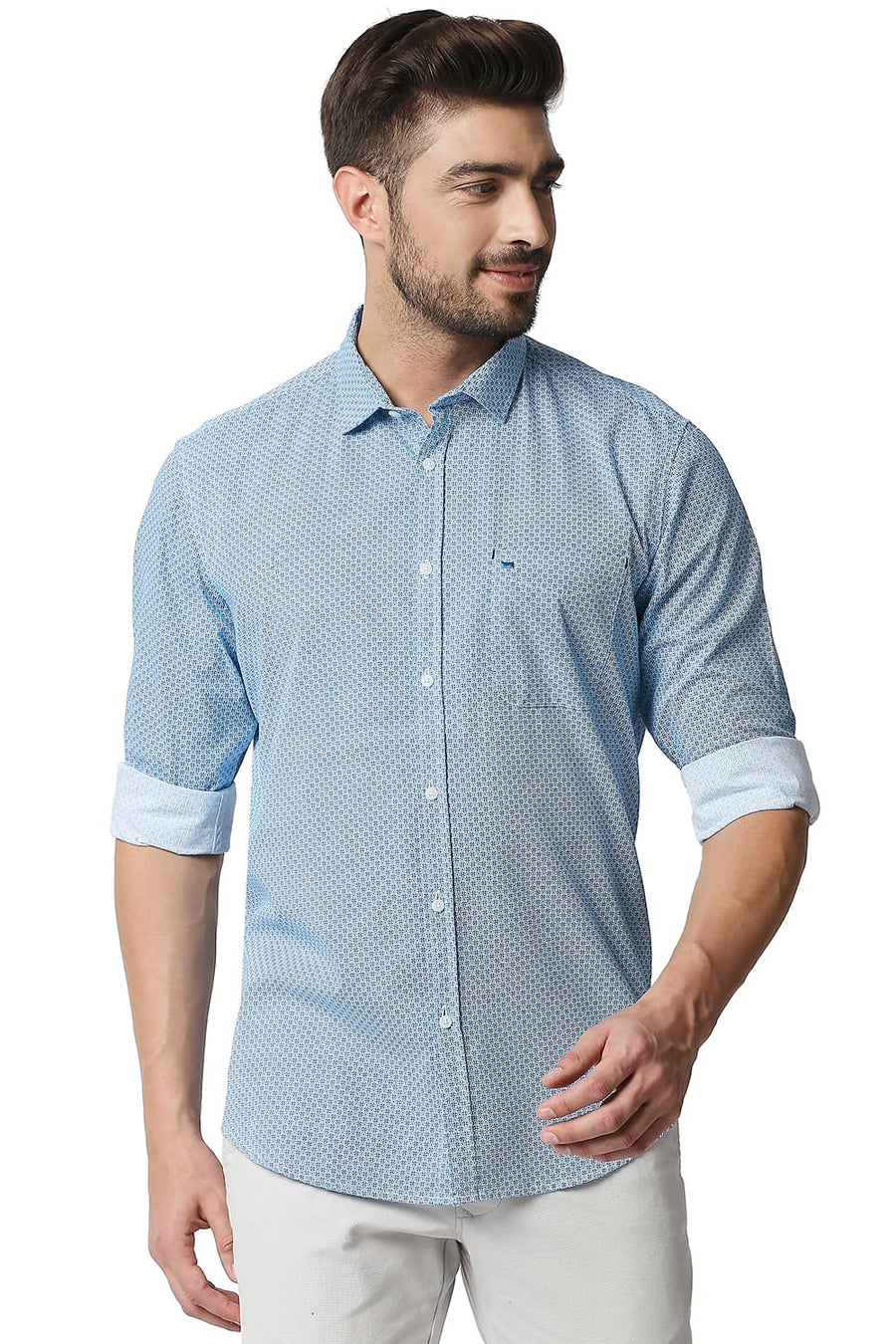 BASICS SLIM FIT SWEDISH BLUE POPLIN PRINTED SHIRT