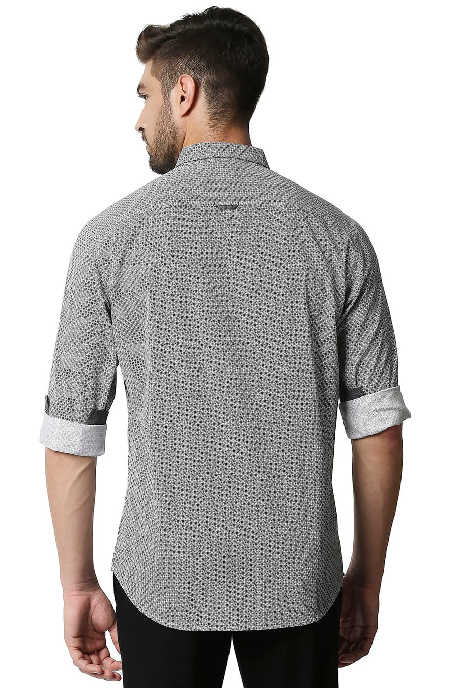 BASICS SLIM FIT GUNMETAL GREY POPLIN PRINTED SHIRT