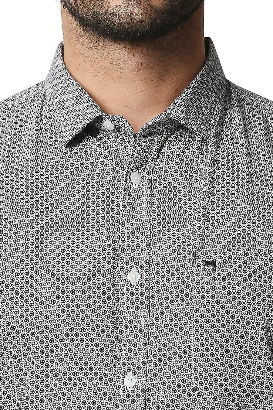BASICS SLIM FIT GUNMETAL GREY POPLIN PRINTED SHIRT