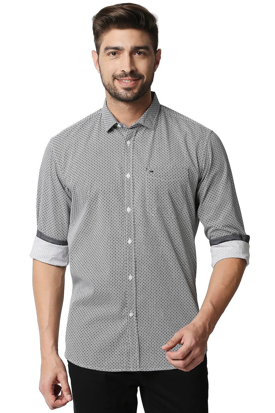 BASICS SLIM FIT GUNMETAL GREY POPLIN PRINTED SHIRT