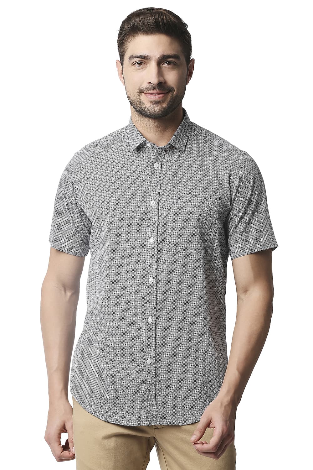 BASICS SLIM FIT POPLIN PRINTED HALFSLEEVES SHIRT