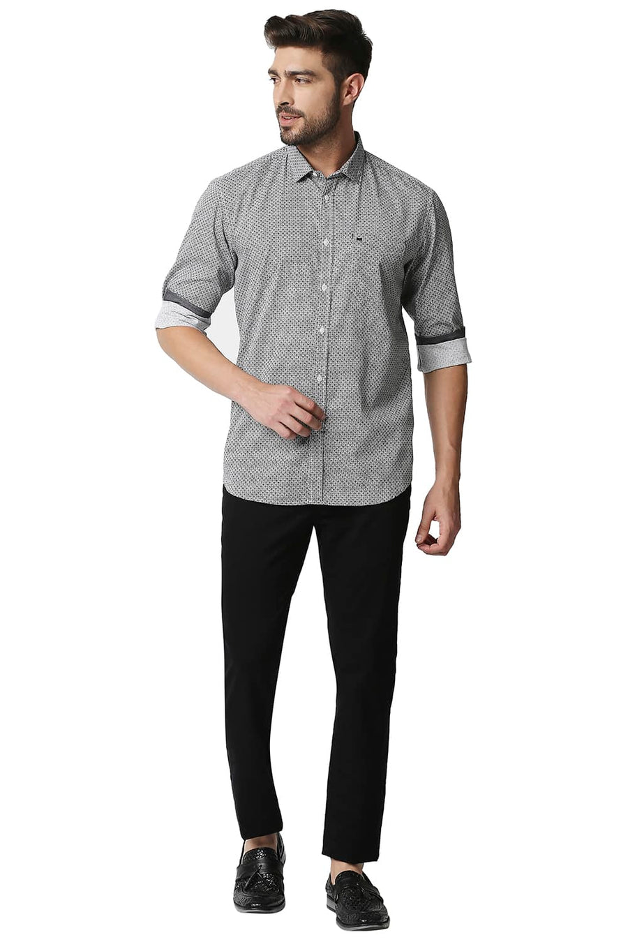 BASICS SLIM FIT GUNMETAL GREY POPLIN PRINTED SHIRT
