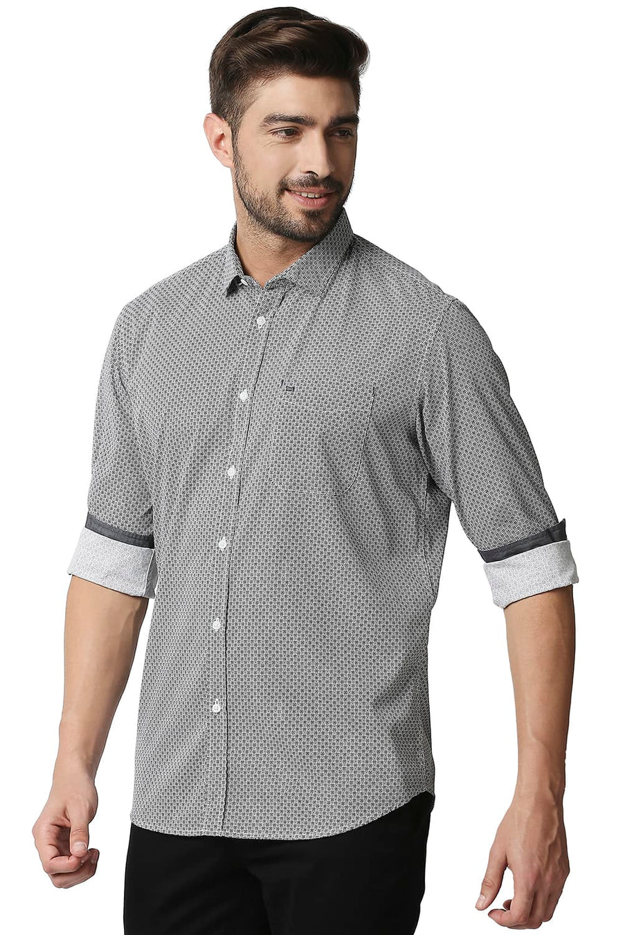 BASICS SLIM FIT GUNMETAL GREY POPLIN PRINTED SHIRT