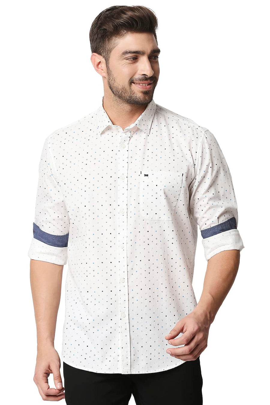 BASICS SLIM FIT CLOUD DANCER WHITE POPLIN PRINTED SHIRT